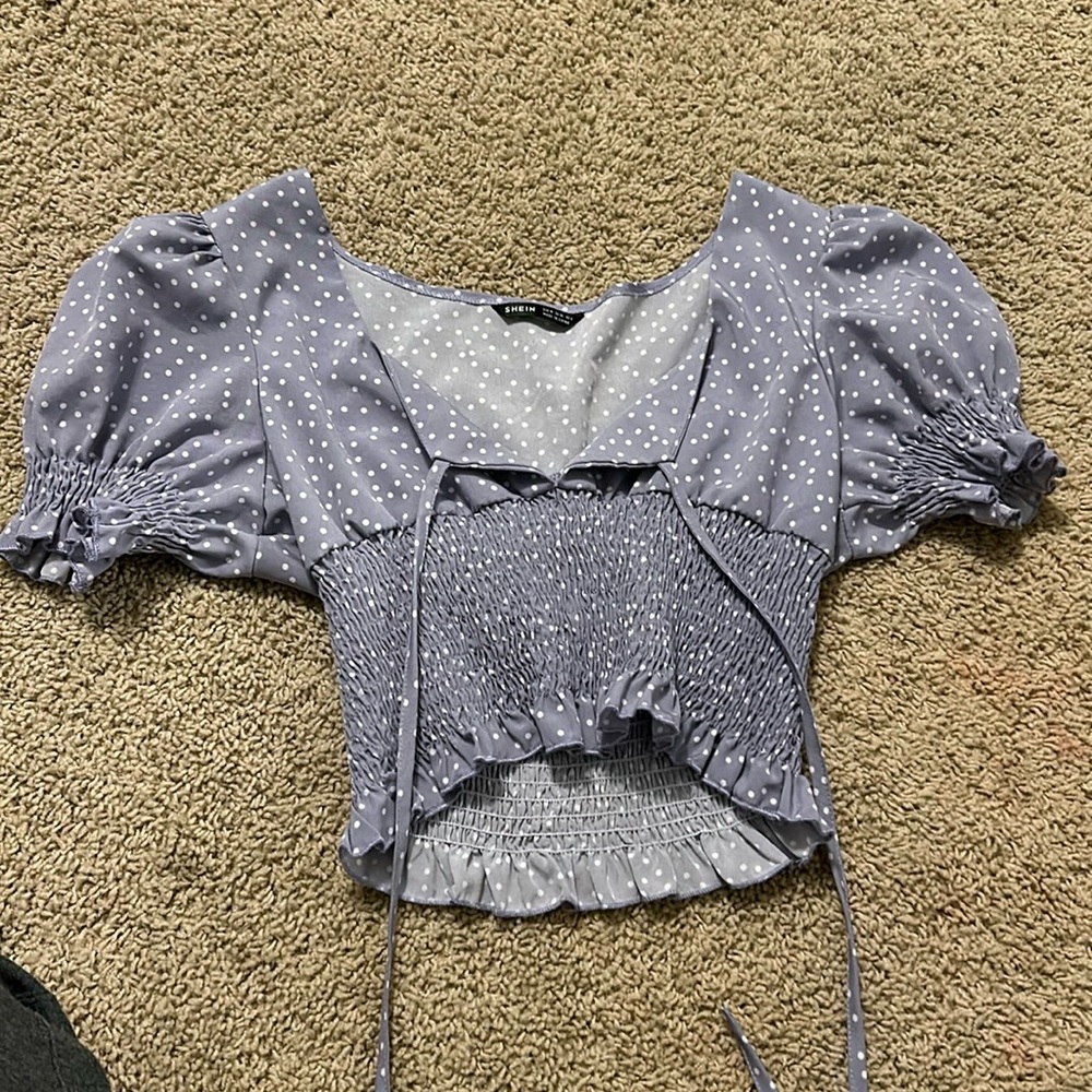 Blue purple blouse with white polkadots